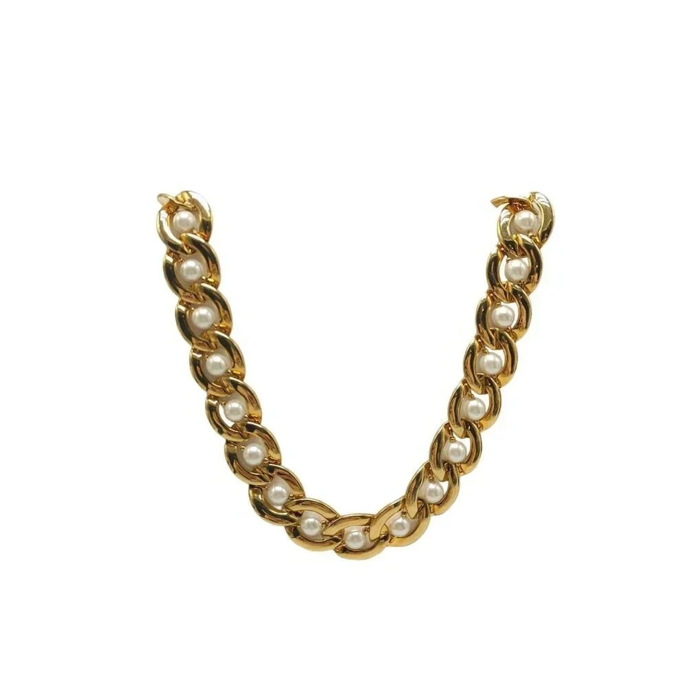 Napier Faux Pearl Chunky Chain Necklace Foldover Closure Gold Tone Vintage 16.5"